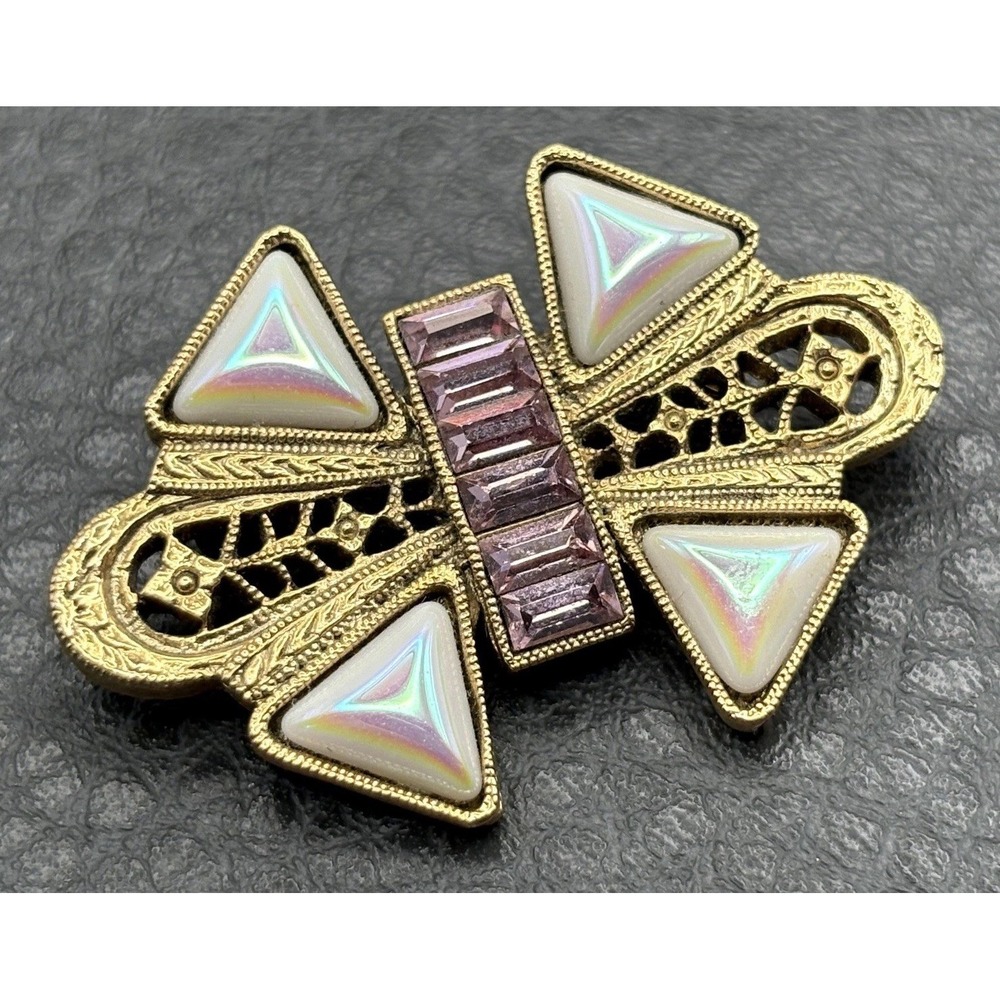 Vintage 1928 Bow Brooch Victorian Revival Gold Tone Purple Rhinestone Pin